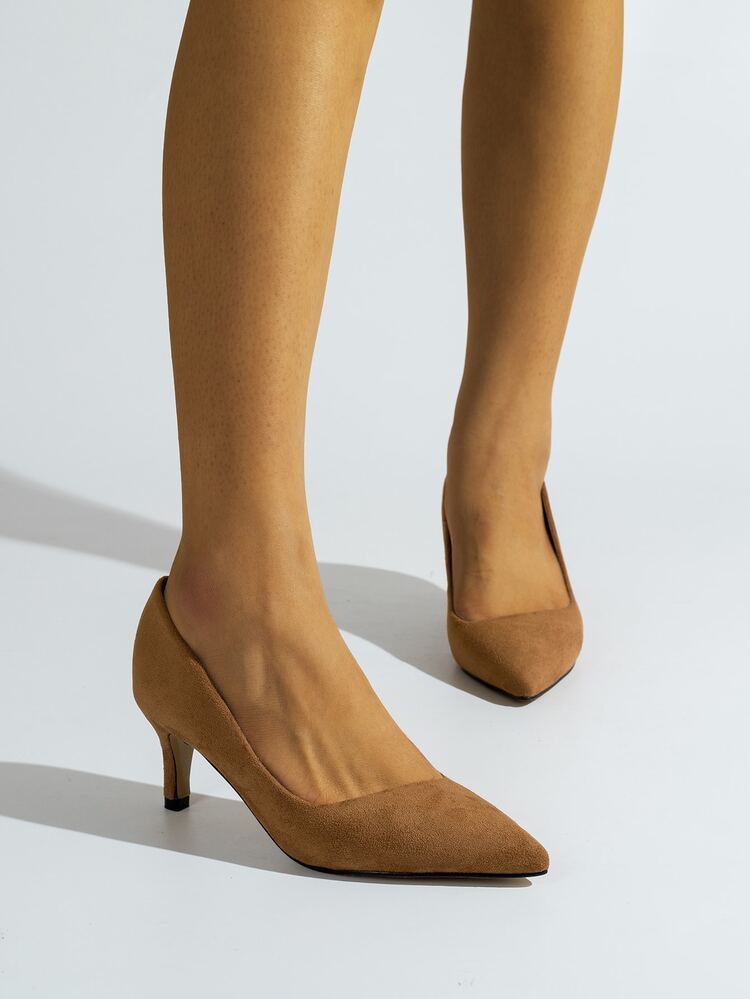 Suedette Stiletto Heeled Court Pumps - Brown - View 4