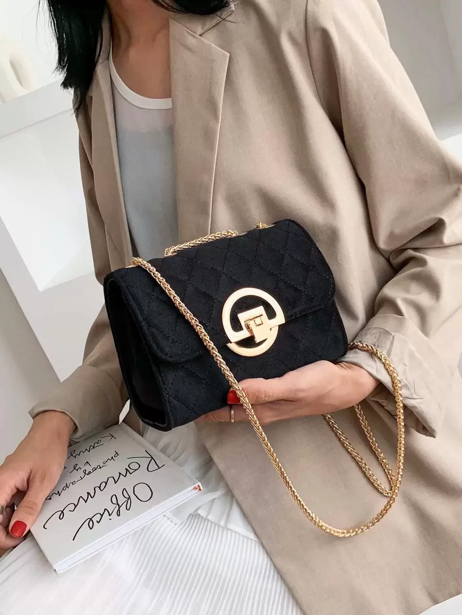 Lightweight,Business Casual Mini Minimalist Quilted Metal Lock Chain Shoulder Bag, Flap Clutch Bag Evening Bag With Detachable Chain, Crossbody Shoulder Bag For Women Chain Strap Clutch Square Satchel Handbag Purse, Handbag For Women's Makeup Soft Clutch Purse For Teen Girls Women College Students,Rookies & White-Collar Workers Perfect For Office,College,Work ,Business,Commute,Outdoors, Travel, Outings - Black - View 1