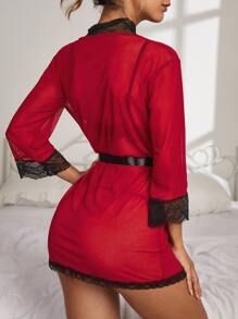 Women's Sexy Burgundy Sheer Lace Trim Belted Robe Lingerie Set Regular Length High Stretch Fabric - Burgundy - View 2