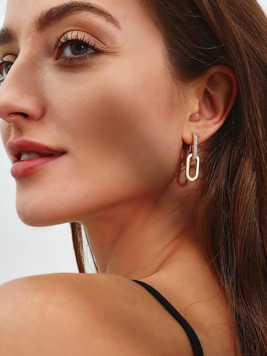 2 chiếc bông tai khóa đôi bằng đồng dát đá Cubic Zirconia Thích hợp cho phụ nữ hàng ngày, tiệc tùng, hẹn hò - Vàng - Xem 1