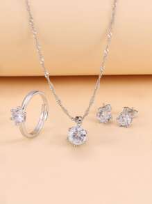 4pcs Cubic Zirconia Decor Jewelry Set - Silver - View 1
