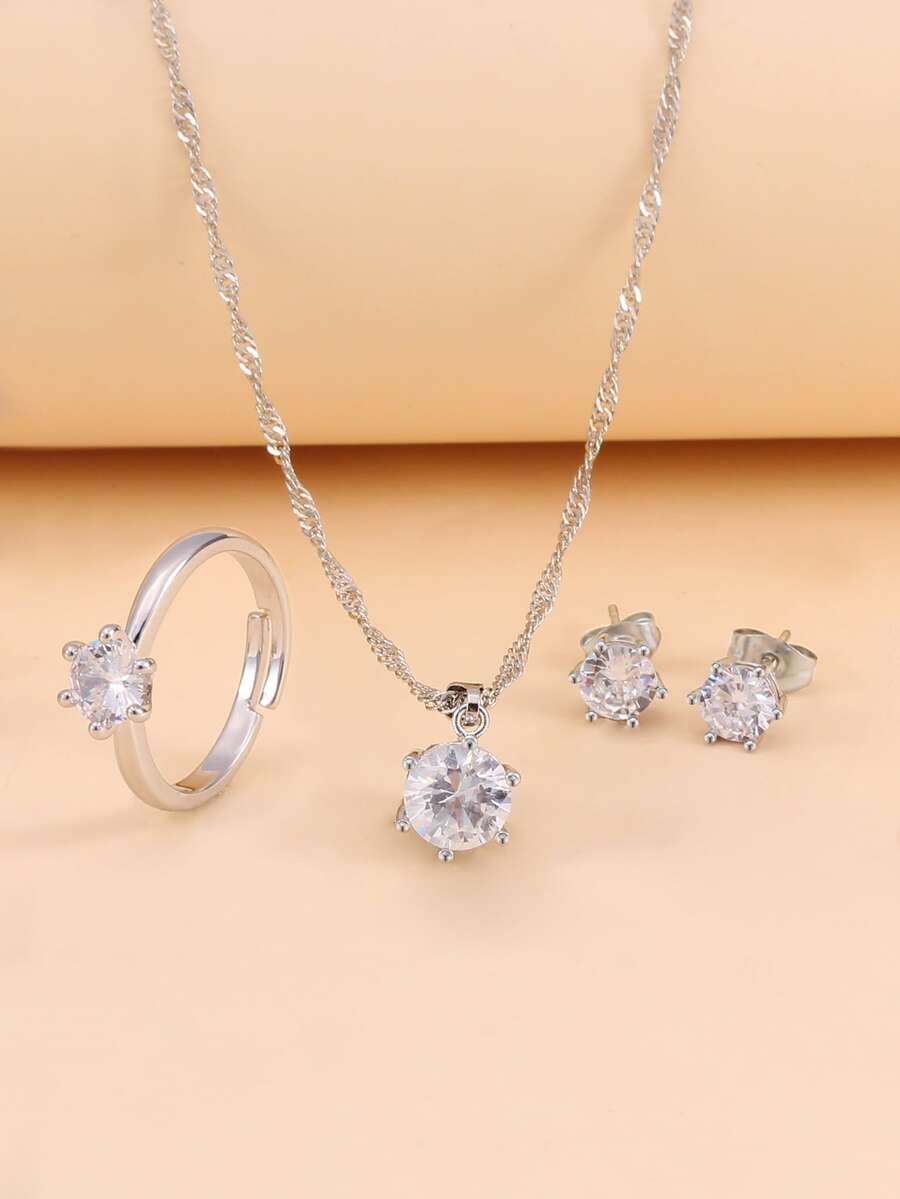 4pcs Cubic Zirconia Decor Jewelry Set - Silver - View 1