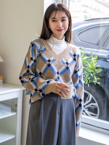 DAZY 菱形印花落肩袖套頭毛衣不帶T恤 - 彩色 - 查看 6