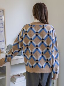 DAZY 菱形印花落肩袖套頭毛衣不帶T恤 - 彩色 - 查看 2