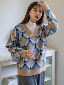 DAZY 菱形印花落肩袖套頭毛衣不帶T恤 - 彩色 - 查看 3