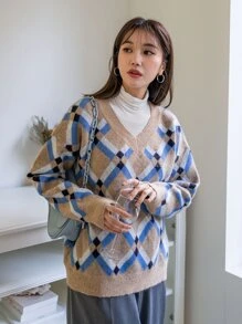 DAZY 菱形印花落肩袖套頭毛衣不帶T恤 - 彩色 - 查看 4