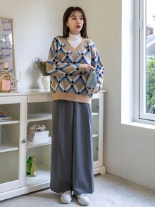 DAZY 菱形印花落肩袖套頭毛衣不帶T恤 - 彩色 - 查看 5