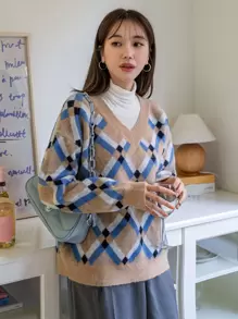 DAZY 菱形印花落肩袖套頭毛衣不帶T恤 - 彩色 - 查看 1