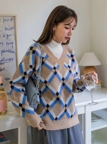 DAZY 菱形印花落肩袖套頭毛衣不帶T恤 - 彩色 - 查看 7