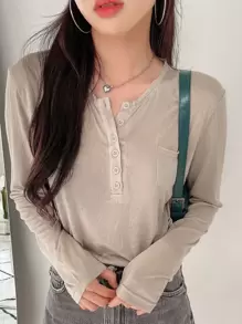 DAZY Patched Pocket Half Button Tee Fall Tops Long Sleeve Top - Khaki - View 1