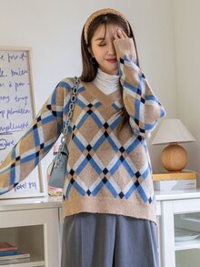 DAZY 菱形印花落肩袖套頭毛衣不帶T恤 - 彩色 - 查看 8