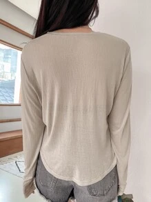 DAZY Patched Pocket Half Button Tee Fall Tops Long Sleeve Top - Khaki - View 2