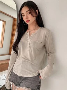 DAZY Patched Pocket Half Button Tee Fall Tops Long Sleeve Top - Khaki - View 3