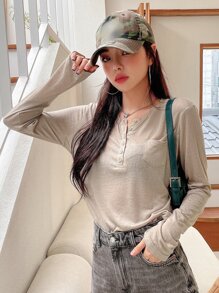 DAZY Patched Pocket Half Button Tee Fall Tops Long Sleeve Top - Khaki - View 4
