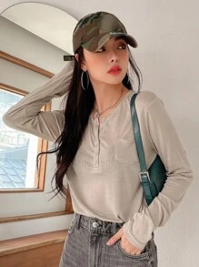 DAZY Patched Pocket Half Button Tee Fall Tops Long Sleeve Top - Khaki - View 5