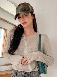 DAZY Patched Pocket Half Button Tee Fall Tops Long Sleeve Top - Khaki - View 6