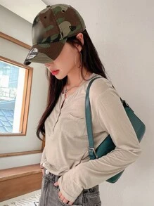 DAZY Patched Pocket Half Button Tee Fall Tops Long Sleeve Top - Khaki - View 7