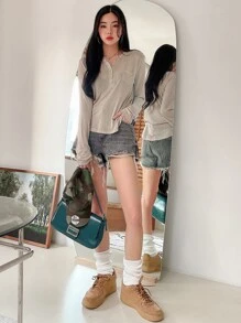 DAZY Patched Pocket Half Button Tee Fall Tops Long Sleeve Top - Khaki - View 8