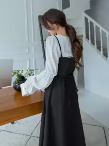 DAZY 荷葉袖上衣和綁帶後背的cami連衣裙 - 黑與白 - 查看 3