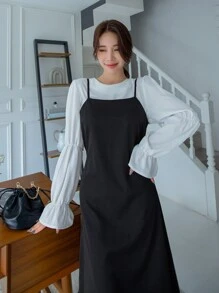 DAZY 荷葉袖上衣和綁帶後背的cami連衣裙 - 黑與白 - 查看 4