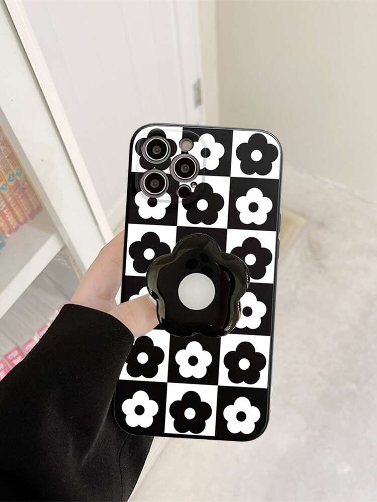 Checkerboard Pattern Black & White Flower Design Tpu Phone Case With Pop-Up Stand Compatible With IPhone 15 Pro Max/14/13/12/11 - Black and White - View 5