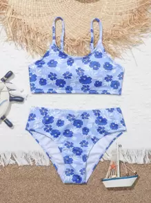 Conjunto de bikini estampado floral acanalado para niña preadolescente, playa de verano - Azul - Ver 1