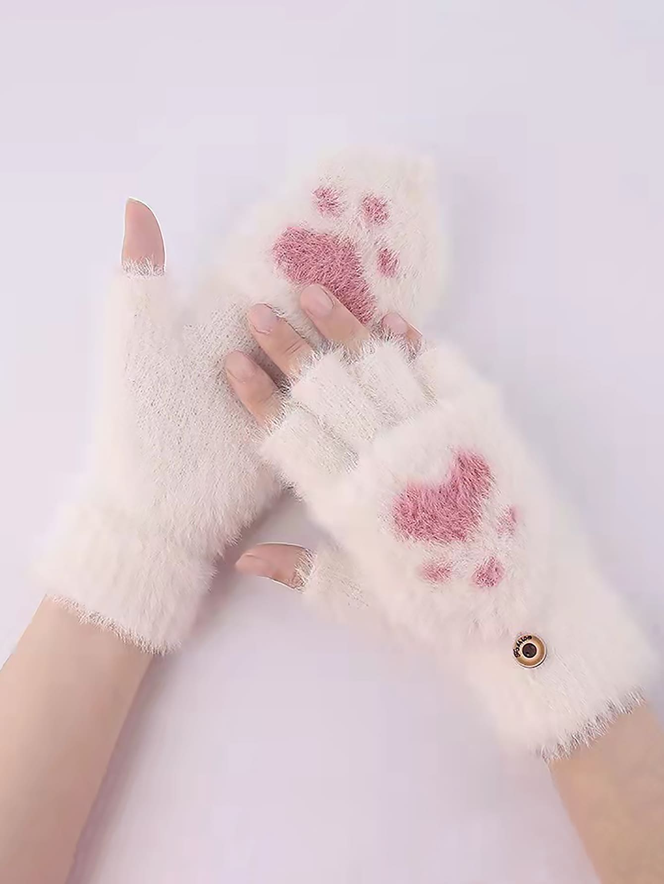 1 Par De Lindos Guantes Sin Dedos Borrosos Con Estampado De Corazón Y Garra De Gato, Color Sólido, Guantes Cálidos De Invierno Con Medio Dedo, Guantes Cálidos Elásticos Para Mujeres Y Niñas - Blanco - Ver 1
