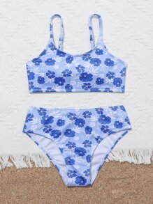 Conjunto de bikini estampado floral acanalado para niña preadolescente, playa de verano - Azul - Ver 2