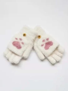 1 Par De Lindos Guantes Sin Dedos Borrosos Con Estampado De Corazón Y Garra De Gato, Color Sólido, Guantes Cálidos De Invierno Con Medio Dedo, Guantes Cálidos Elásticos Para Mujeres Y Niñas - Blanco - Ver 2