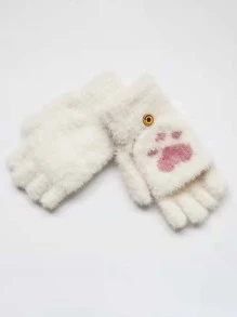 1 Par De Lindos Guantes Sin Dedos Borrosos Con Estampado De Corazón Y Garra De Gato, Color Sólido, Guantes Cálidos De Invierno Con Medio Dedo, Guantes Cálidos Elásticos Para Mujeres Y Niñas - Blanco - Ver 3