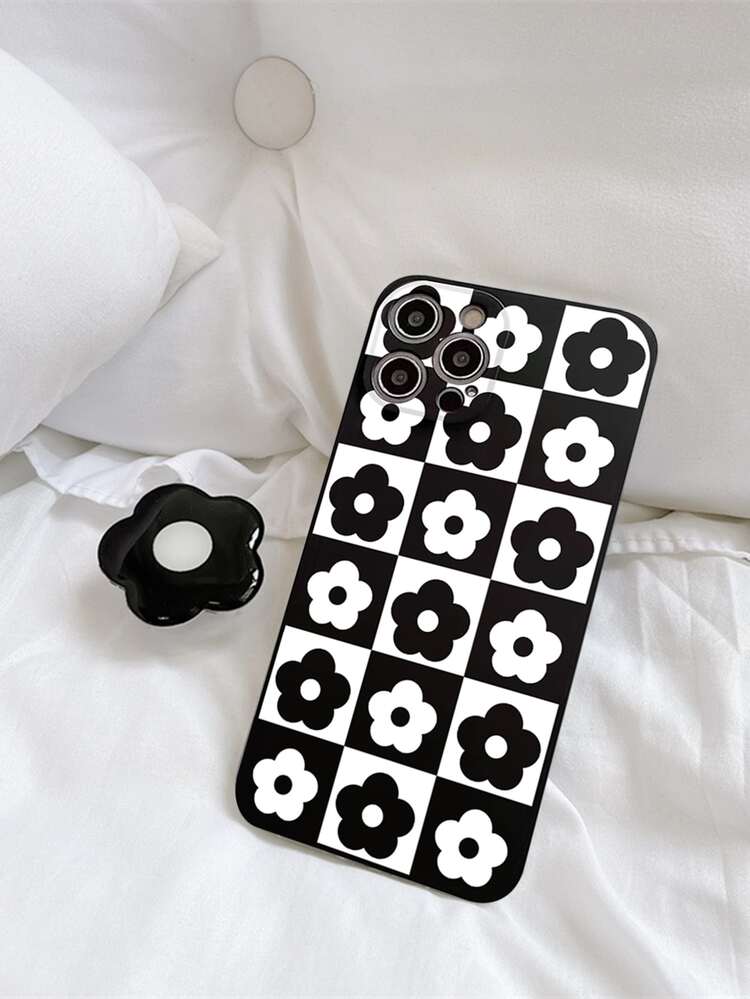 Checkerboard Pattern Black & White Flower Design Tpu Phone Case With Pop-Up Stand Compatible With IPhone 15 Pro Max/14/13/12/11 - Black and White - View 7