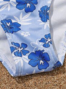 Conjunto de bikini estampado floral acanalado para niña preadolescente, playa de verano - Azul - Ver 4