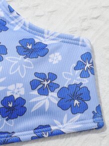Conjunto de bikini estampado floral acanalado para niña preadolescente, playa de verano - Azul - Ver 5