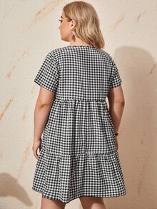 SHEIN Vestido con estampado de guingán con botón delantero bajo con fruncido - Blanco y Negro - Ver 2