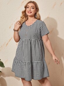SHEIN Vestido con estampado de guingán con botón delantero bajo con fruncido - Blanco y Negro - Ver 5