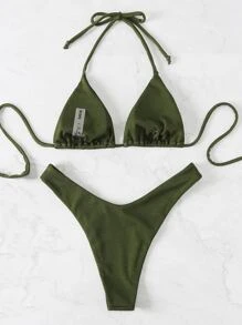 SHEIN Swim 夏日沙灘純色露背微三角比基尼 - 軍綠色 - 查看 2