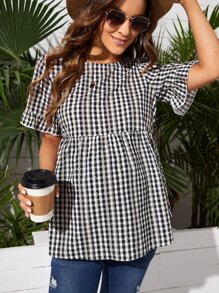 SHEIN Maternity Gingham Print Peplum Top - Black and White - View 1
