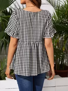 SHEIN Maternity Gingham Print Peplum Top - Black and White - View 2