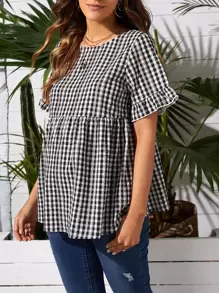 SHEIN Maternity Gingham Print Peplum Top - Black and White - View 4