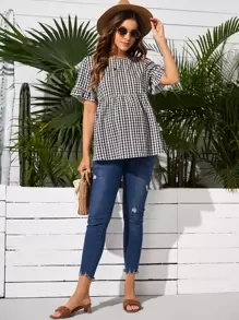 SHEIN Maternity Gingham Print Peplum Top - Black and White - View 5