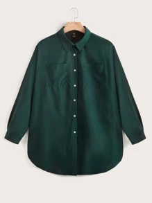 SHEIN LUNE Plus Dip Hem Pocket Shirt - Dark Green - View 1