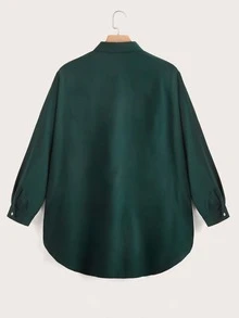 SHEIN LUNE Plus Dip Hem Pocket Shirt - Dark Green - View 2