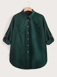 SHEIN LUNE Plus Dip Hem Pocket Shirt - Dark Green - View 3