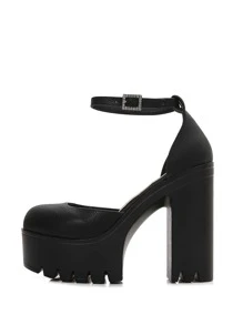 McKoine Chunky Heeled Ankle Strap Pumps,Women's Fashionable Black PU Round Toe Thick-Soled Waterproof Platform Chunky Heel Hollow Shoes - Black - View 2