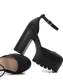 McKoine Chunky Heeled Ankle Strap Pumps,Women's Fashionable Black PU Round Toe Thick-Soled Waterproof Platform Chunky Heel Hollow Shoes - Black - View 3