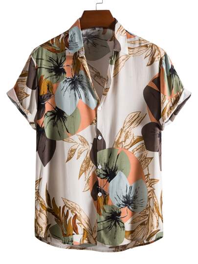 Manfinity RSRT Camisa tropical masculina con estampado aleatorio, ajuste ajustado, manga corta, cuello abotonado, camisa colorida gráfica