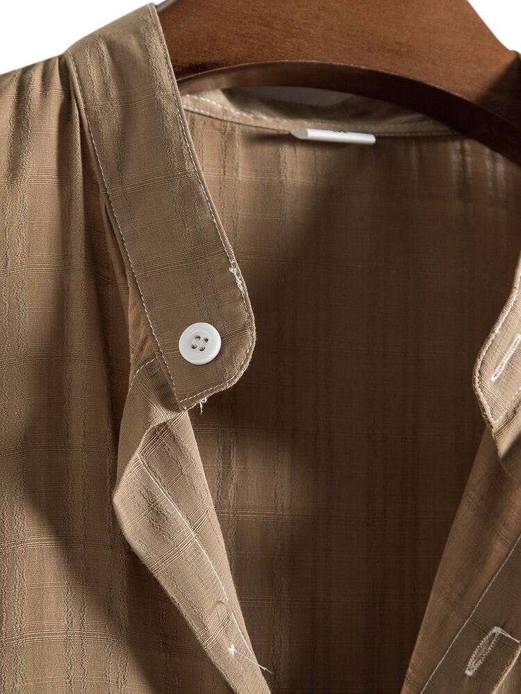 Manfinity Áo sơ mi Nam Nút phía trước Sọc ca rô Giải trí - Màu Khaki - Xem 3