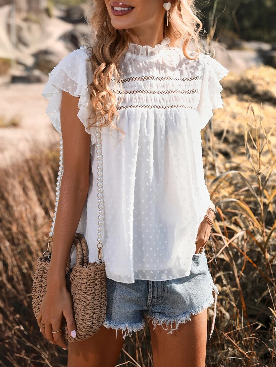 Swiss Dot Ruffle Trim Chiffon Blouse - White - View 1