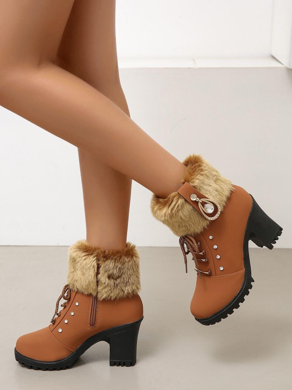 Fall/Winter Women's New Brown High Heel Plus Size Fur Collar Boots Belted Chunky Heel Round Toe Rhinestone Decor Boots,Snow Boots