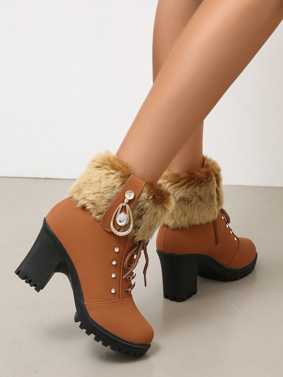 Fall/Winter Women's New Brown High Heel Plus Size Fur Collar Boots Belted Chunky Heel Round Toe Rhinestone Decor Boots,Snow Boots